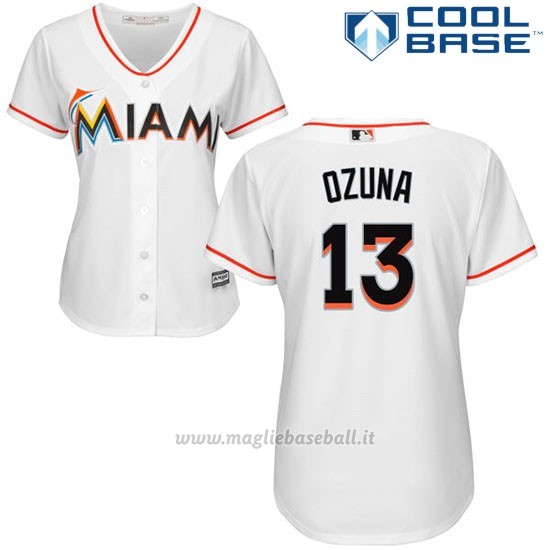 Maglia Baseball Donna Miami Marlins 13 Marcell Ozuna Bianco Autentico Collezione Cool Base